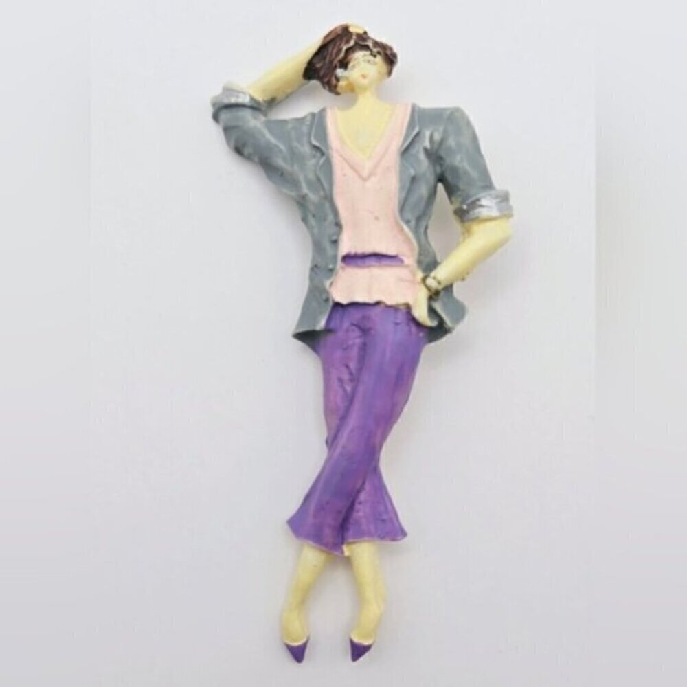 Vintage Hand Painted Celluloid Lady Figurative Brooch Art Deco Style